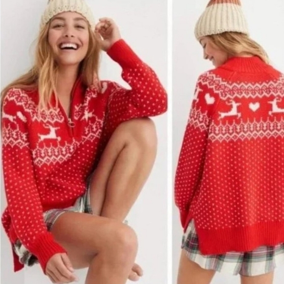 Aerie Reindeer Christmas Fair Isle Slouchy Festive Sweater - Picture 1 of 7